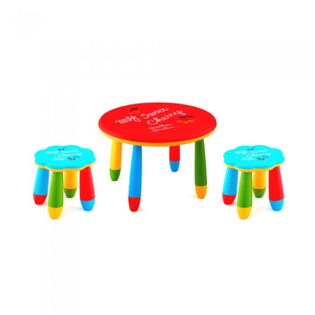 Set mobila copii masa rotunda SLANTE 70 cm culoare rosie cu 2 scaune FLOARE albastru 