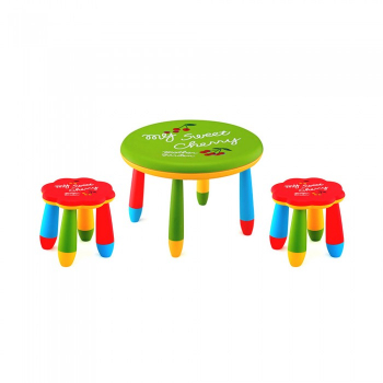 Set mobila copii masa rotunda SLANTE 70 cm culoare verde cu 2 scaune FLOARE rosu 