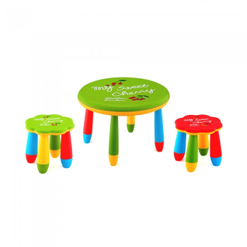 Set mobila copii masa rotunda SLANTE 70 cm culoare verde cu 2 scaune FLOARE verde rosu 