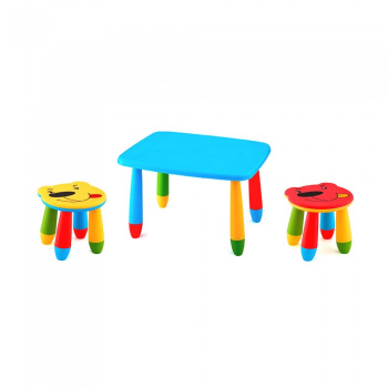 Set mobila copii masa MASHA dreptunghiulara 72 5x57cm culoare albastra cu 2 scaune URSULET galben rosu 
