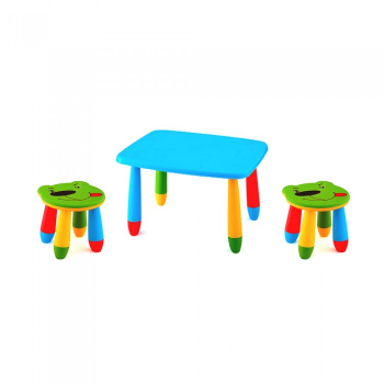 Set mobila copii masa MASHA dreptunghiulara 72 5x57cm culoare albastra cu 2 scaune URSULET verde 