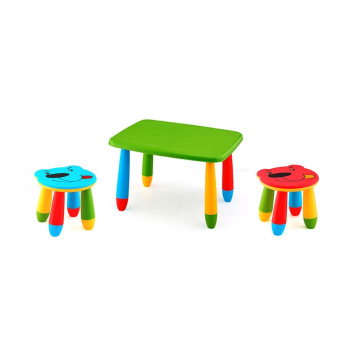 Set mobila copii masa MASHA dreptunghiulara 72 5x57cm culoare verde cu 2 scaune URSULET albastru rosu 