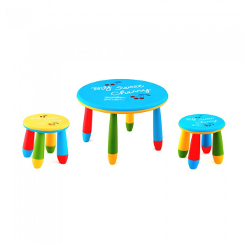 Set mobila copii masa rotunda SLANTE 70 cm culoare albastra cu 2 scaune GOGOASA galben albastru 