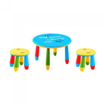 Set mobila copii masa rotunda SLANTE 70 cm culoare albastra cu 2 scaune GOGOASA galben 