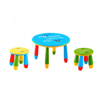 Set mobila copii masa rotunda SLANTE 70 cm culoare albastra cu 2 scaune GOGOASA galben verde 