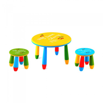 Set mobila copii masa rotunda SLANTE 70 cm culoare galbena cu 2 scaune GOGOASA verde albastru 