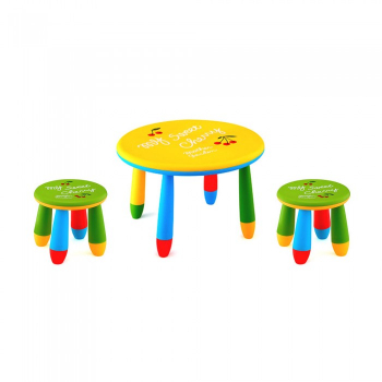 Set mobila copii masa rotunda SLANTE 70 cm culoare galbena cu 2 scaune GOGOASA verde 