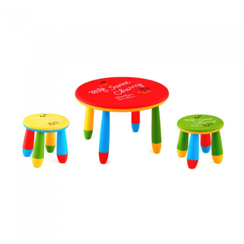 Set mobila copii masa rotunda SLANTE 70 cm culoare rosie cu 2 scaune GOGOASA galben verde 