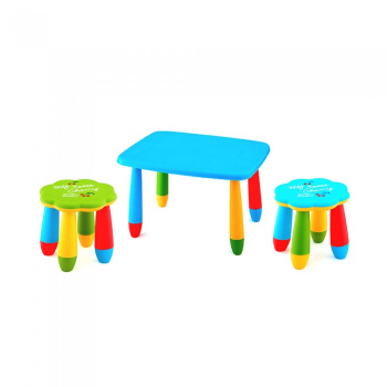 Set mobila copii masa MASHA dreptunghiulara 72 5x57cm culoare albastra cu 2 scaune FLOARE verde albastru