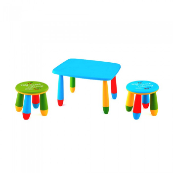 Set mobila copii masa MASHA dreptunghiulara 72 5x57cm culoare albastra cu 2 scaune GOGOASA verde albastru 