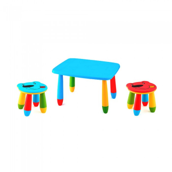 Set mobila copii masa MASHA dreptunghiulara 72 5x57cm culoare albastra cu 2 scaune URSULET albastru rosu 