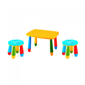Set mobila copii masa MASHA dreptunghiulara 72 5x57cm culoare galbena cu 2 scaune FLOARE albastru 