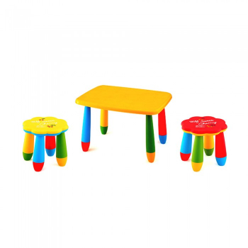 Set mobila copii masa MASHA dreptunghiulara 72 5x57cm culoare galbena cu 2 scaune FLOARE galben rosu 