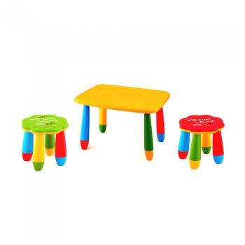 Set mobila copii masa MASHA dreptunghiulara 72 5x57cm culoare galbena cu 2 scaune FLOARE verde rosu 