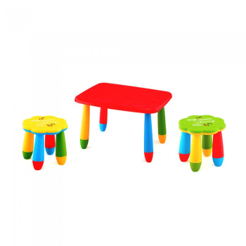 Set mobila copii masa MASHA dreptunghiulara 72 5x57cm culoare rosie cu 2 scaune FLOARE galben rosu 