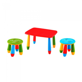 Set mobila copii masa MASHA dreptunghiulara 72 5x57cm culoare rosie cu 2 scaune GOGOASA verde albastru 