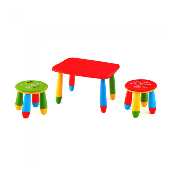 Set mobila copii masa MASHA dreptunghiulara 72 5x57cm culoare rosie cu 2 scaune GOGOASA verde rosu 