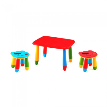 Set mobila copii masa MASHA dreptunghiulara 72 5x57cm culoare rosie cu 2 scaune URSULET albastru rosu 