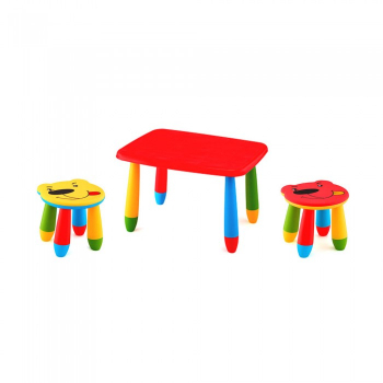 Set mobila copii masa MASHA dreptunghiulara 72 5x57cm culoare rosie cu 2 scaune URSULET galben rosu 