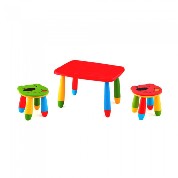 Set mobila copii masa MASHA dreptunghiulara 72 5x57cm culoare rosie cu 2 scaune URSULET verde rosu 