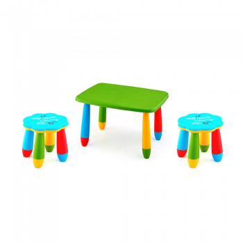 Set mobila copii masa MASHA dreptunghiulara 72 5x57cm culoare verde cu 2 scaune FLOARE albastru 