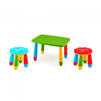 Set mobila copii masa MASHA dreptunghiulara 72 5x57cm culoare verde cu 2 scaune FLOARE albastru rosu