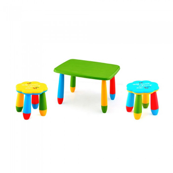 Set mobila copii masa MASHA dreptunghiulara 72 5x57cm culoare verde cu 2 scaune FLOARE galben albastru 
