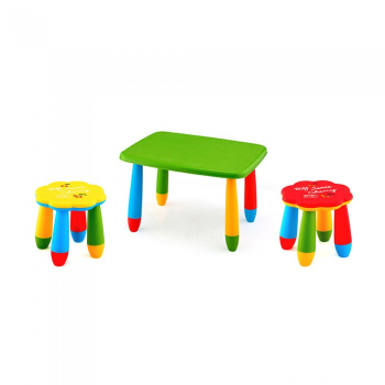 Set mobila copii masa MASHA dreptunghiulara 72 5x57cm culoare verde cu 2 scaune FLOARE galben rosu 