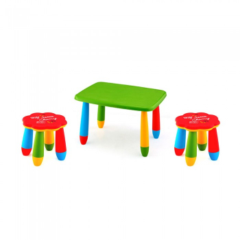 Set mobila copii masa MASHA dreptunghiulara 72 5x57cm culoare verde cu 2 scaune FLOARE rosu 