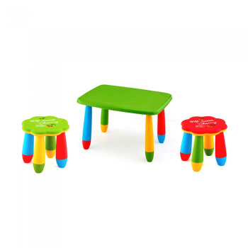 Set mobila copii masa MASHA dreptunghiulara 72 5x57cm culoare verde cu 2 scaune FLOARE verde rosu 