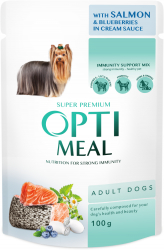 Hrana umeda completa Optimeal Super Premium pentru caini adulti cu somon si afine in sos crema 12 x 0.1 kg