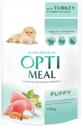 Hrana umeda completa Optimeal Super Premium pentru catei juniori cu curcan si morcov in sos 12 x 0.1 kg 