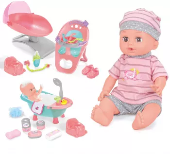 Papusa interactiva 35 cm bea apa face pipi 12 sunete 14 accesorii leagan scaun de masa cadita baie 