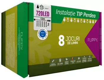 Instalatie Craciun Tip Perdea IP44 12 m x 1 m 720 LED-uri Albastru 8 jocuri de lumini Transformator Interconectabila Prelungitor 3