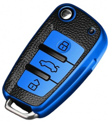 Husa albastru cu insertii piele pentru cheie briceag Audi A3 8L 8P A4 A6 C5 C6 4F RS3 Q3 Q7 TT 8L 8V S3 