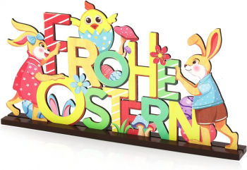 Stand decorativ pentru Paste Frohe Ostern cu iepurasi oua decor de primavara