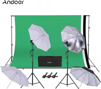Kit pentru studio foto lumini + 4 umbrele + suport fundal + 3 panze 