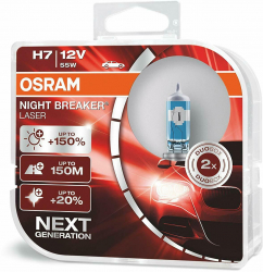 Set 2 becuri auto cu halogen pentru far Osram Night Breaker Unlimited H7 12V 55W +150 mai multa lumina 64210NL-HCB culoare 3750k 1500lm 