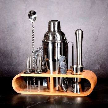 Set Cocktail Shaker Mindblower pentru preparare bauturi 11 piese otel inoxidabil shaker argintiu 750 ml suport bambus 