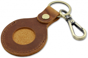 Breloc chei Lerods cu husa compatibila AirTag din piele naturala maro cu carabina si inel pentru chei finisaj bronz antichizat 