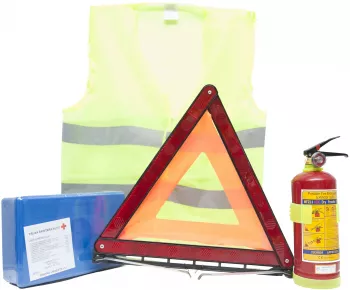 KIT auto obligatoriu omologat include stingator cu pulbere cu manometru P1 cu suport de prindere trusa medicala omologata triunghi refle aditivi auto