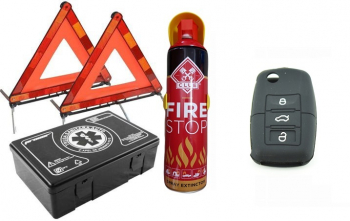 KIT auto obligatoriu Premium Motor Starter - Trusa Medicala 2xTriunghiuri Stingator Tip Spray Husa silicon cauciuc compatibil Volkswagen/ aditivi auto