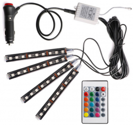Kit banda LED RGB SIKS® 4 benzi autoadezive decor masina cu telecomanda si functie sonora 9 leduri pe banda