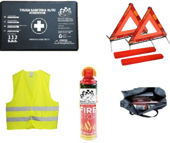 Kit siguranta auto - spray extinctor trusa medicala 2 x triunghi reflectorizant vesta reflectorizanta geanta omologat RAROM aditivi auto