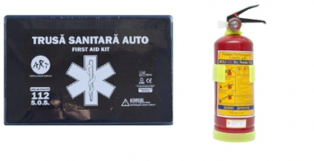 Kit siguranta rutiera 1 trusa medicala si 1 stingator cu manometru 1kg OMC