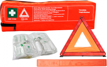 Kit triunghi si trusa medicala Omologat Mega Drive in conformitate cu DIN 13164 si triunghi reflectorizant cu marcaj European + borseta por 