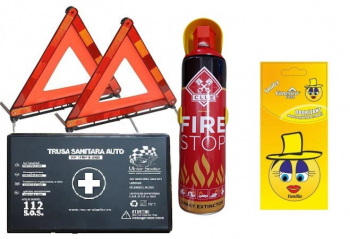 Pachet Dotare Auto Obligatorie Motor Starter&trade 2023 - Stingator Auto Trusa Medicala 2 x Triunghiuri Reflectorizante Odorizant auto 