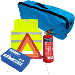 Set pachet prim ajutor auto trusa sanitara PET stingator 1kg SEP triunghi presemnalizare 1buc vesta reflectorizanta SEP geanta organiza 