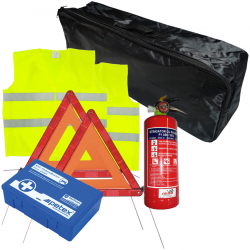 Set pachet prim ajutor auto trusa sanitara PET stingator 1kg SEP triunghi presemnalizare 2buc vesta reflectorizanta SEP 2buc geanta org 