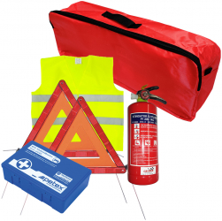 Set pachet prim ajutor auto trusa sanitara PET stingator 1kg SEP triunghi presemnalizare 2buc vesta reflectorizanta SEP geanta organiza 